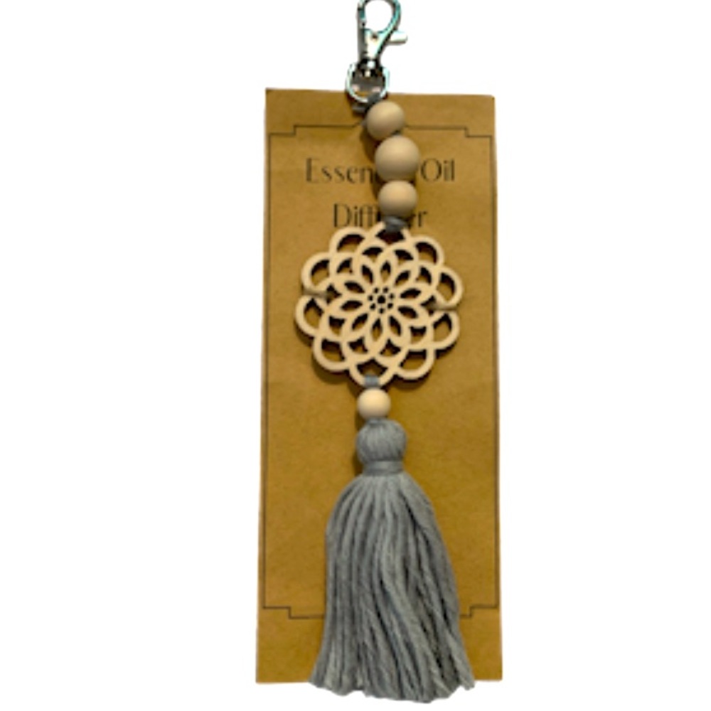 Mandala Keychain Diffuser Bag Charm with Wooden Beads and Gray Yarn Tassel